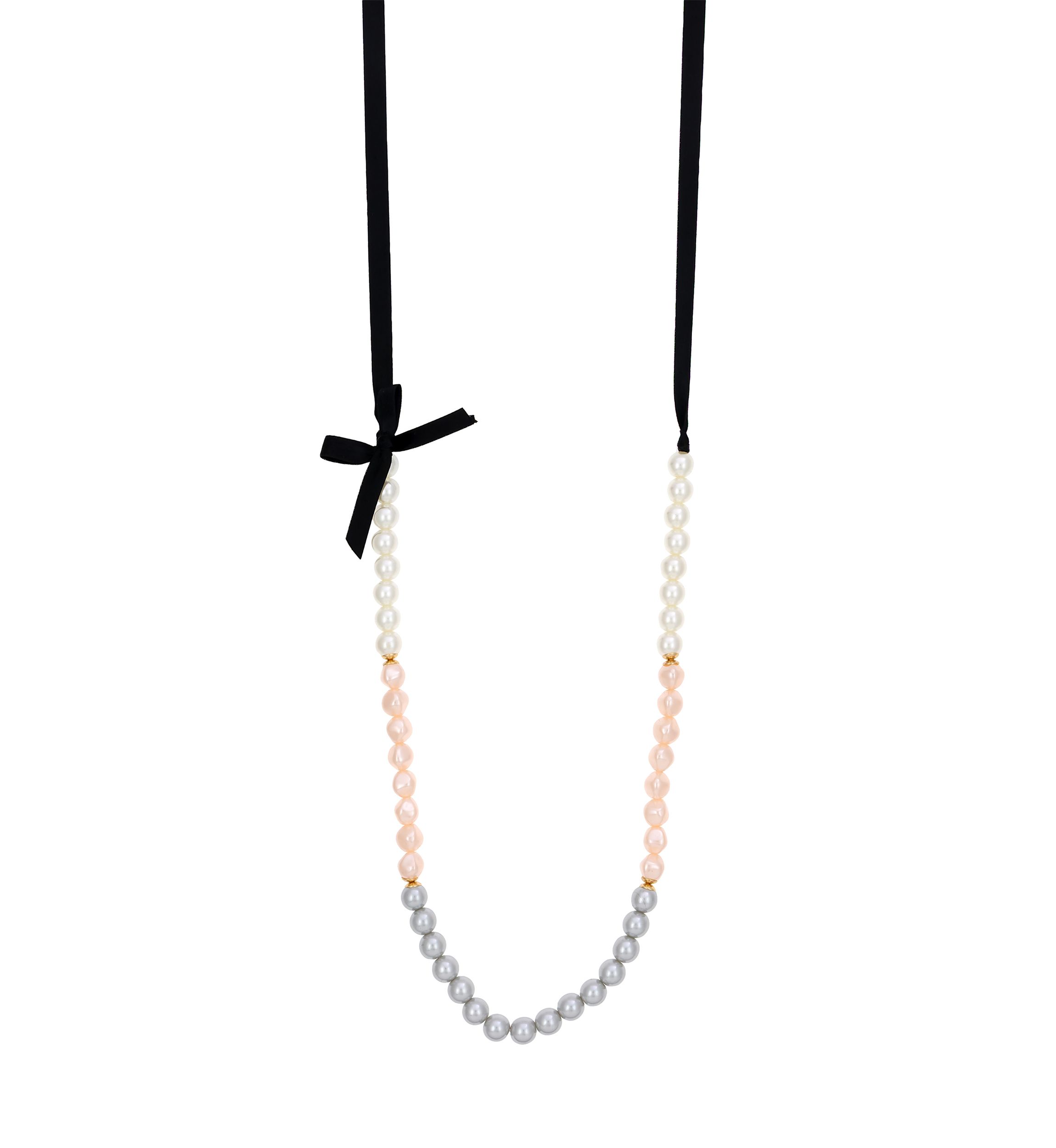 Gold-Tone Long White, Gray, and Pink Pearl Color Block Black Ribbon Bow Necklace 