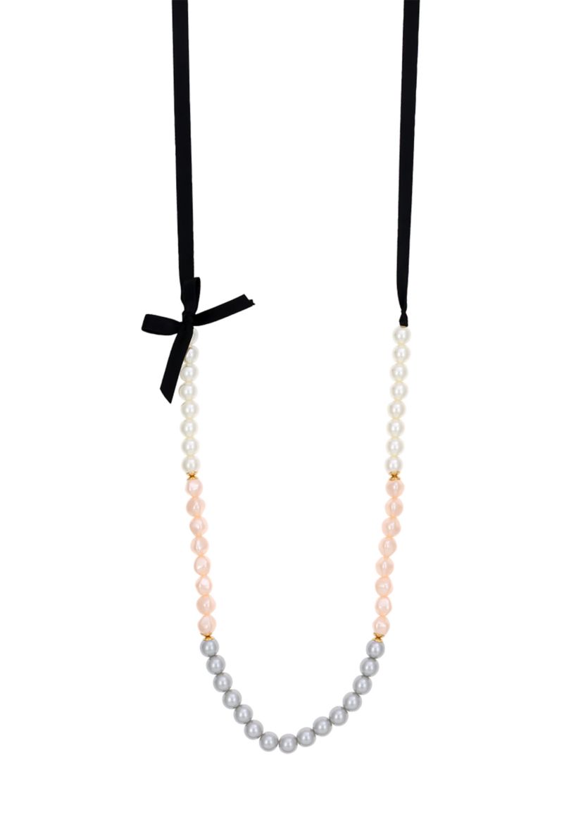 Gold-Tone Long White, Gray, and Pink Pearl Color Block Black Ribbon Bow Necklace 
