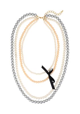 evie & emma Gold Tone 4 Row Layered Multicolored White, Gray and Pink Pearl Removable Black Ribbon Bow Necklace