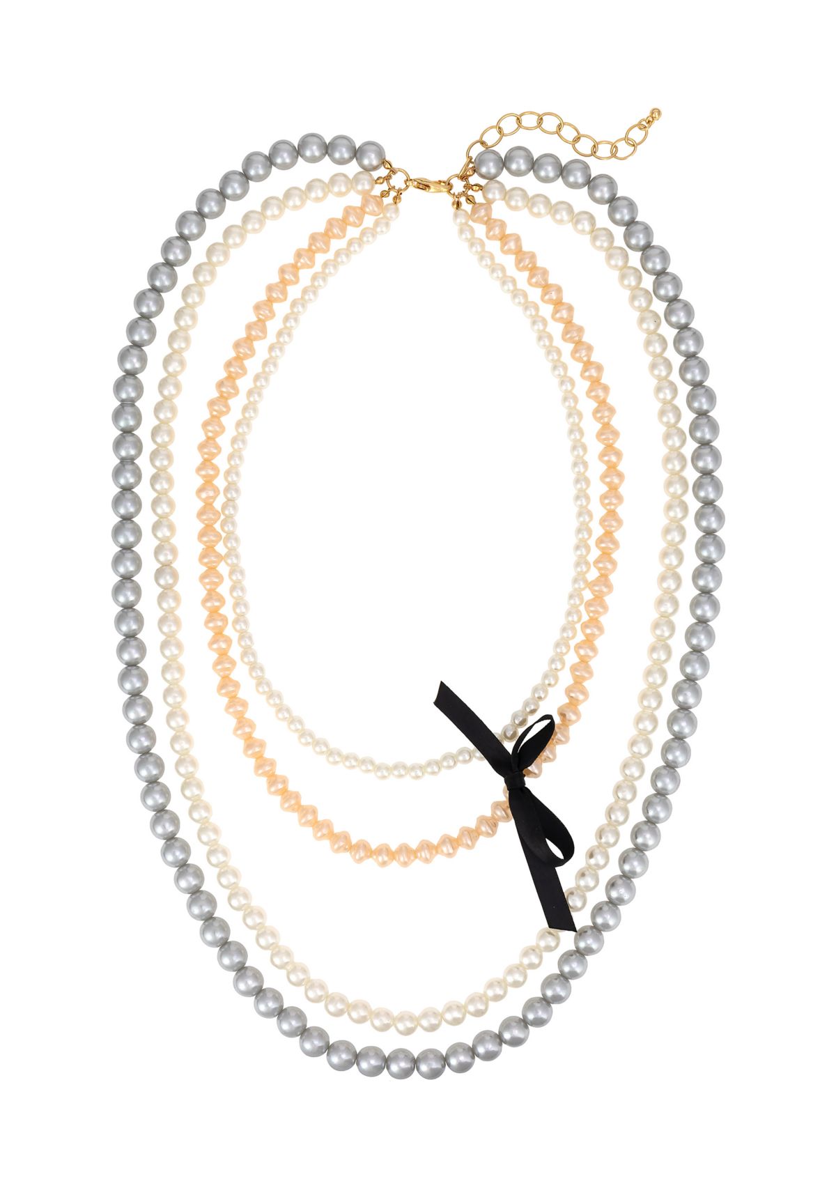 Gold Tone 4 Row Layered Multicolored White, Gray and Pink Pearl Removable Black Ribbon Bow Necklace