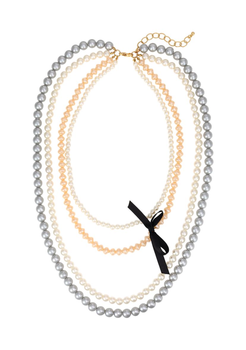 Gold Tone 4 Row Layered Multicolored White, Gray and Pink Pearl Removable Black Ribbon Bow Necklace
