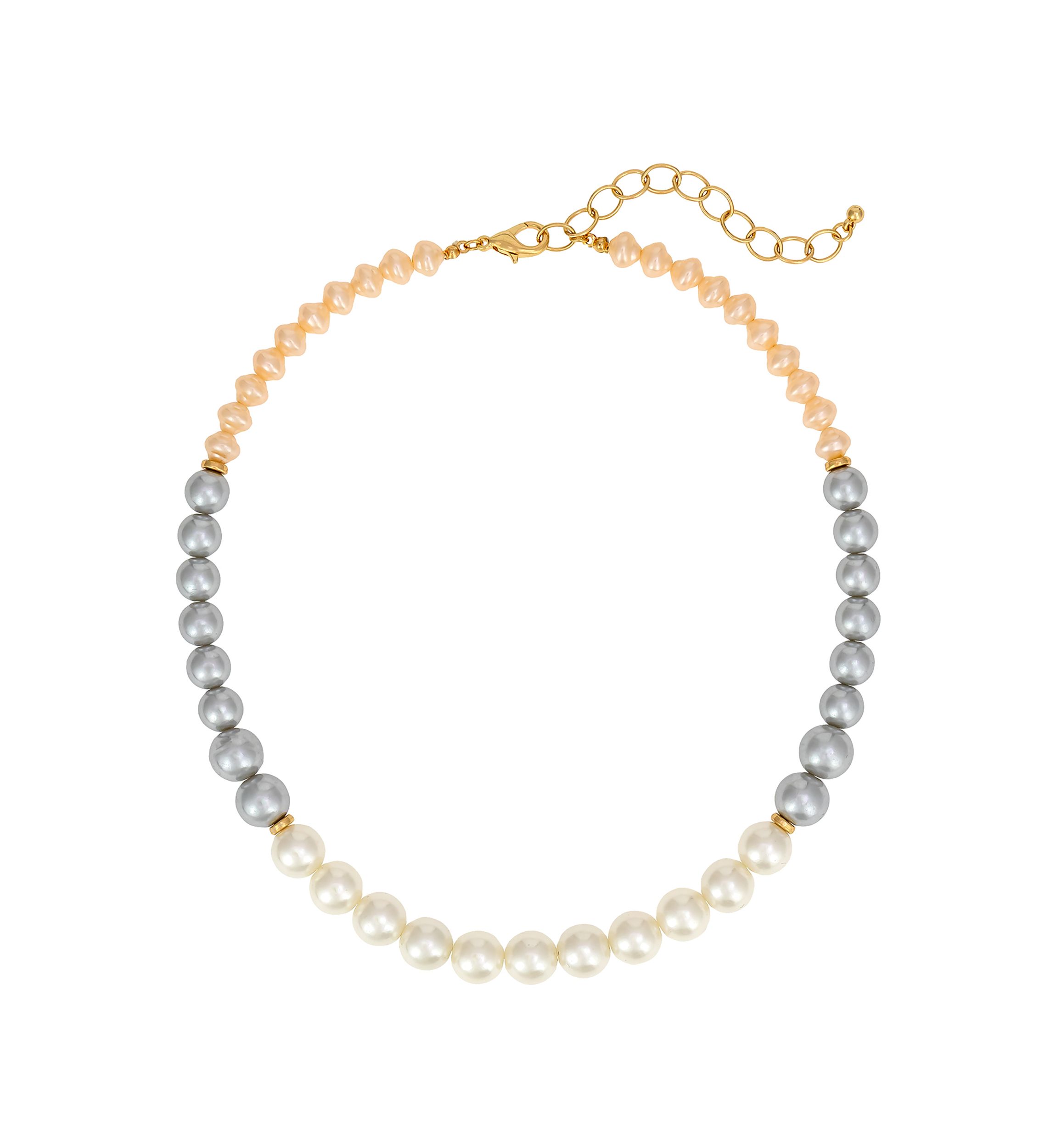 Gold Tone Short White, Pink and Gray Pearl Color Block Necklace