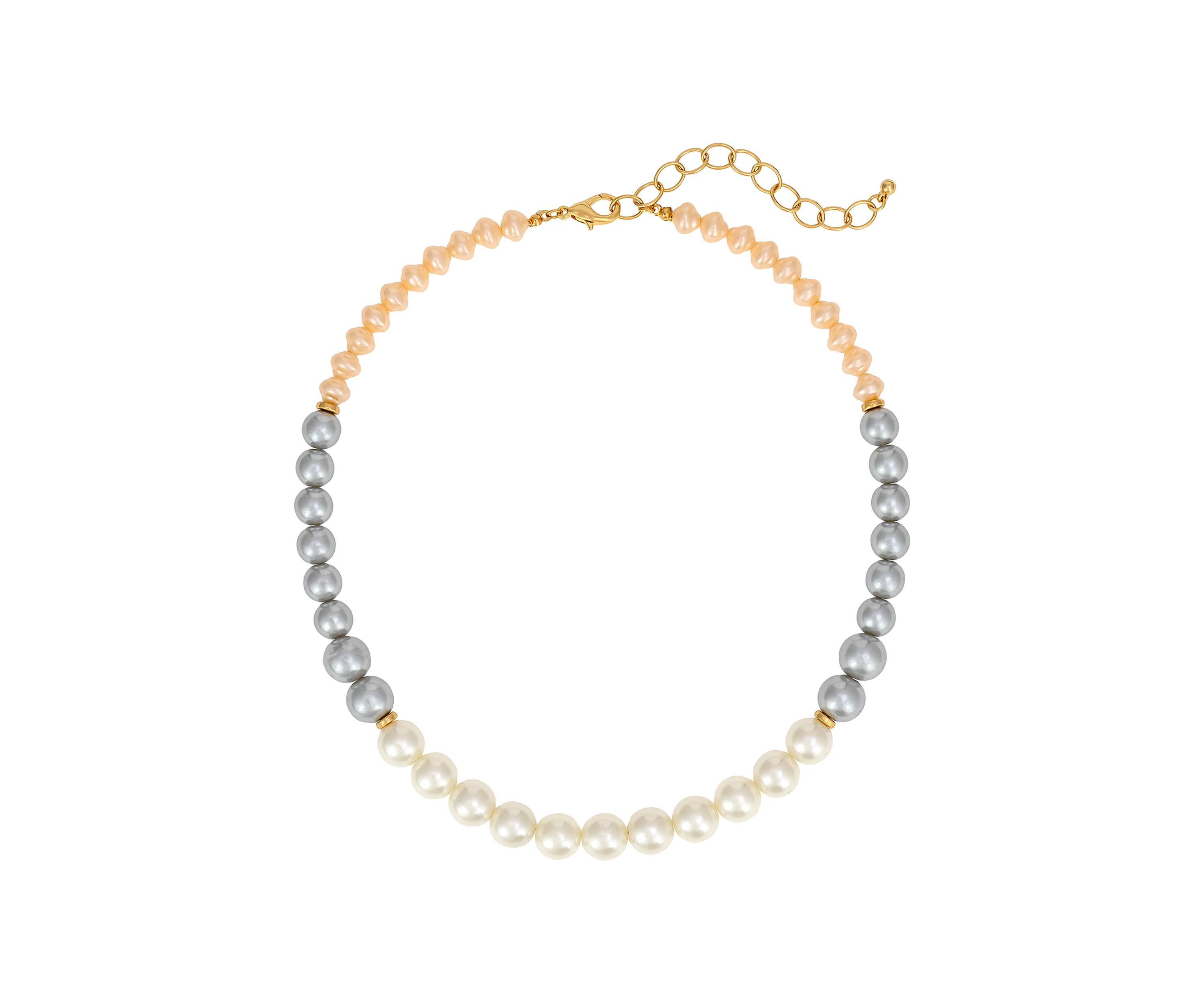 Gold Tone Short White, Pink and Gray Pearl Color Block Necklace