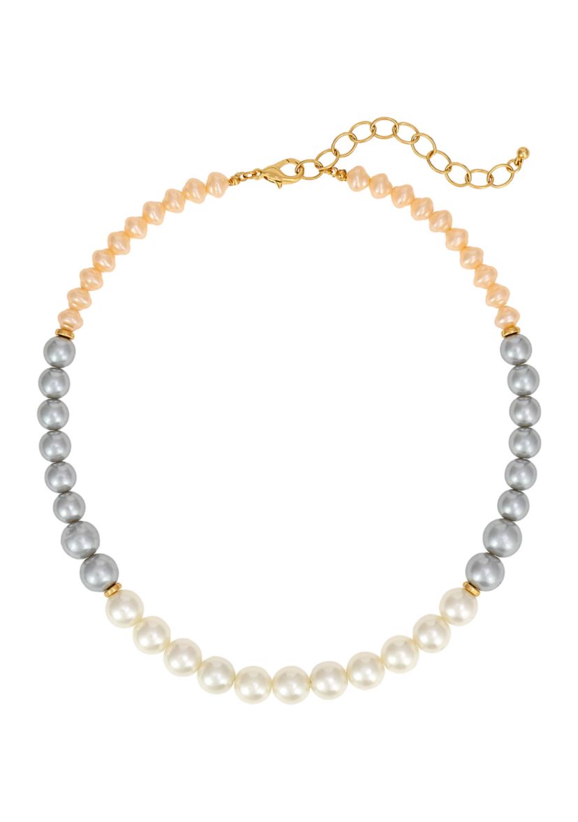 Gold Tone Short White, Pink and Gray Pearl Color Block Necklace
