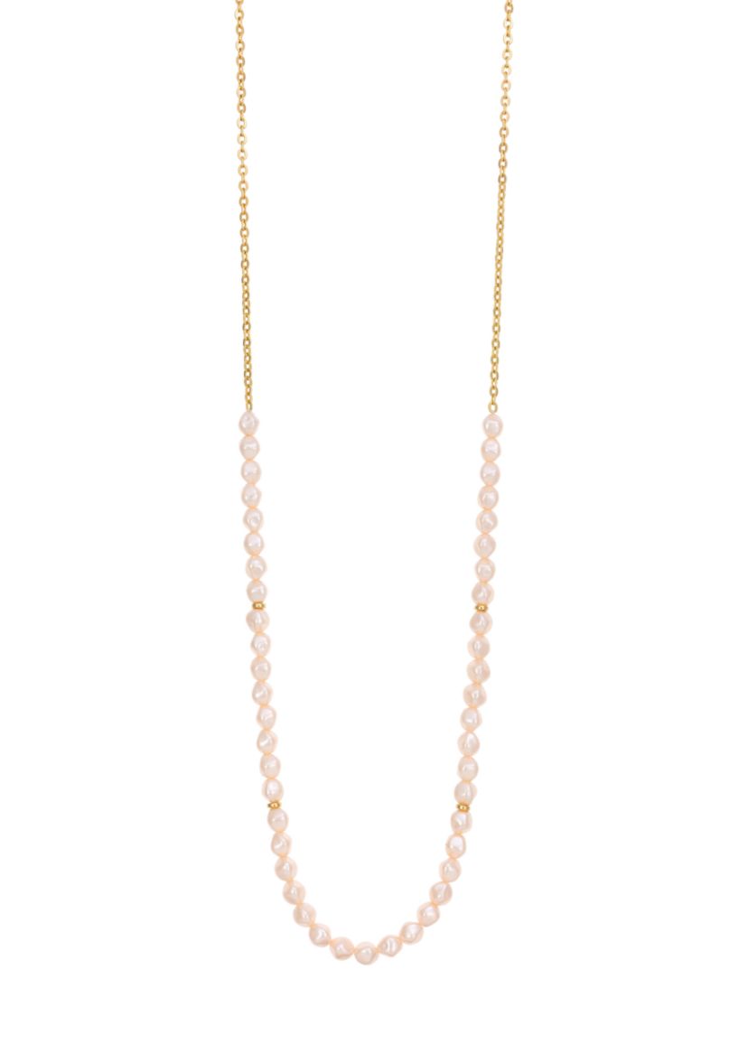 Gold Tone Long Pink Pearl Necklace