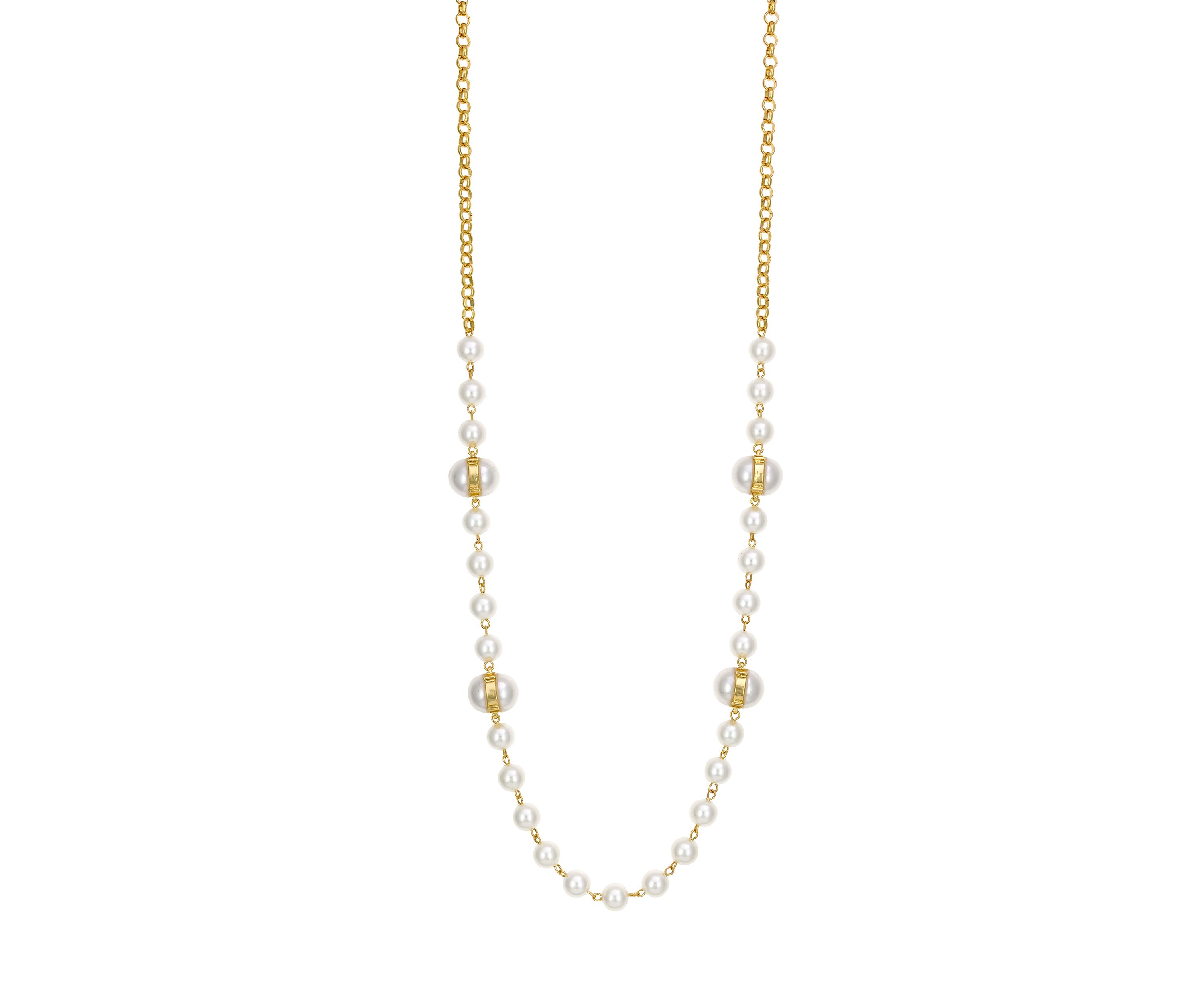 Gold-Tone Long Metal Wrapped Pearl Stations and Chain Back Necklace
