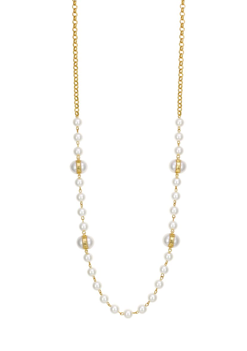 Gold-Tone Long Metal Wrapped Pearl Stations and Chain Back Necklace