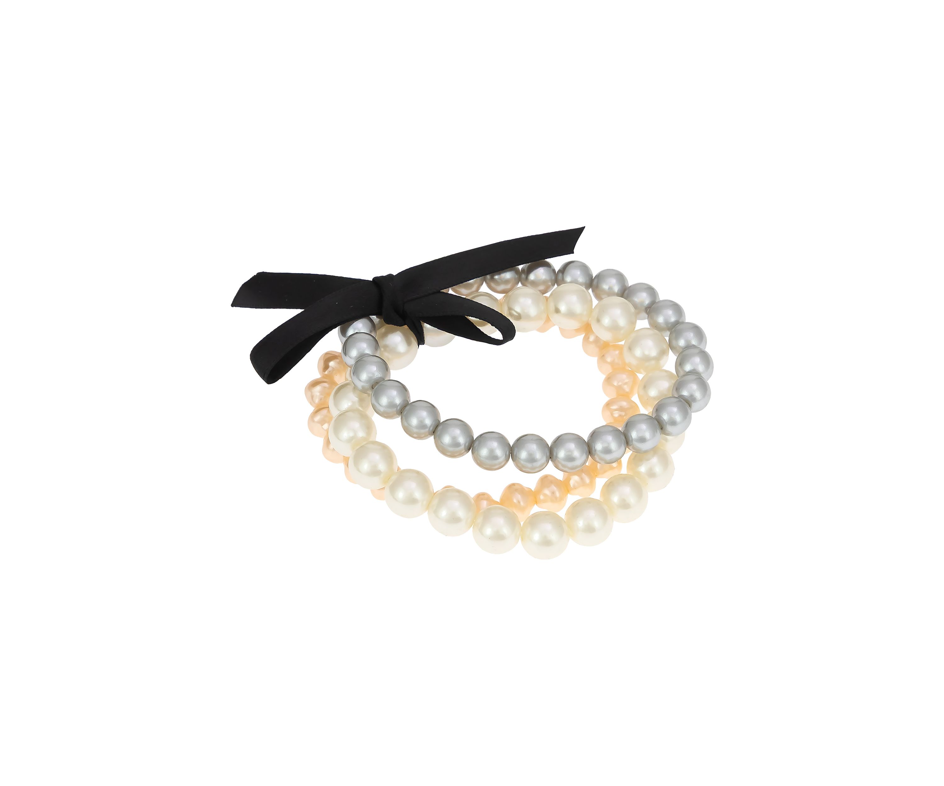 Gold Tone 3 Row Multicolored Pearl Stretch Bracelet