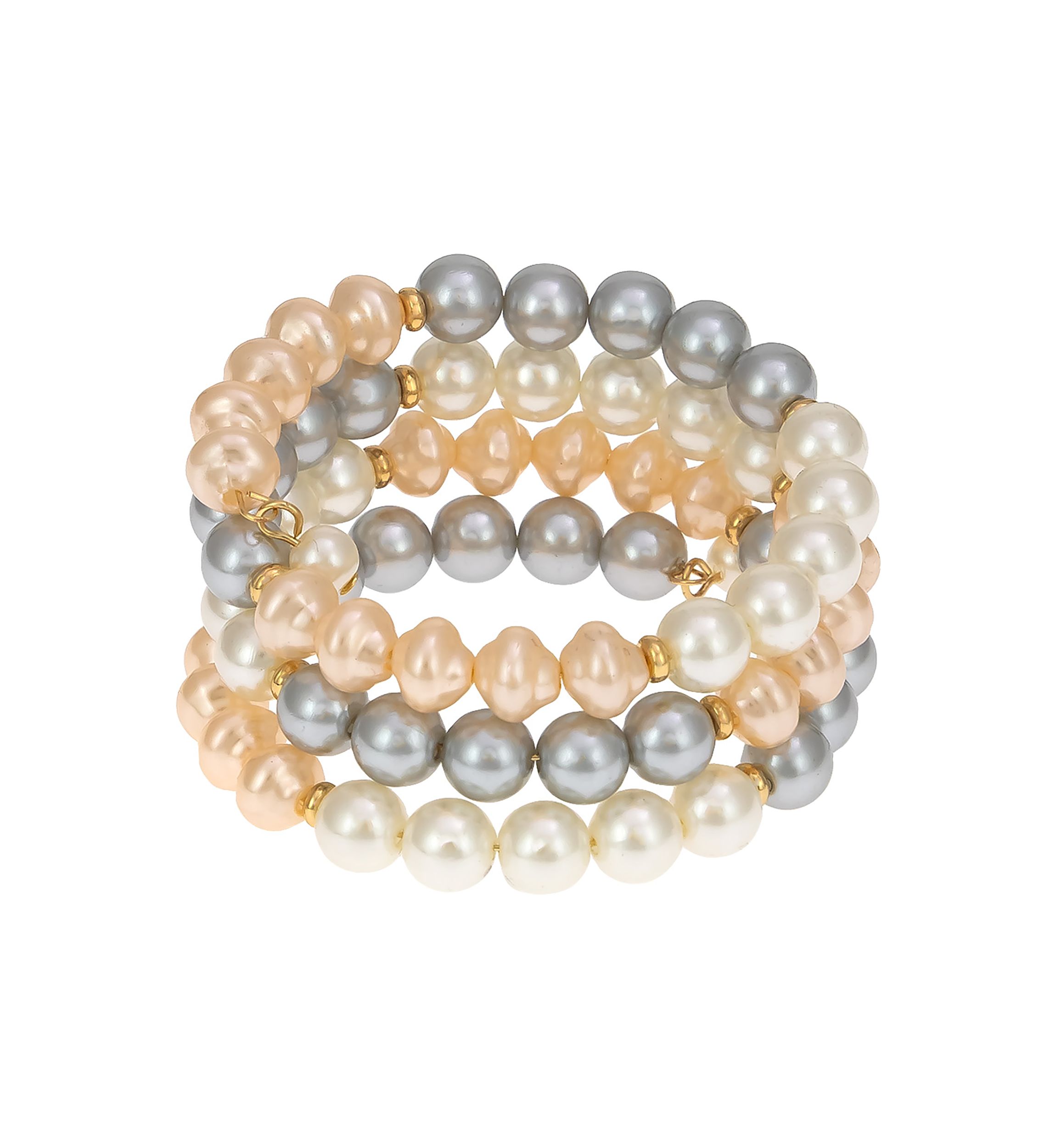 Gold Tone 3 Row Color Block White, Pink and Gray Pearl Wrap Coil Bracelet
