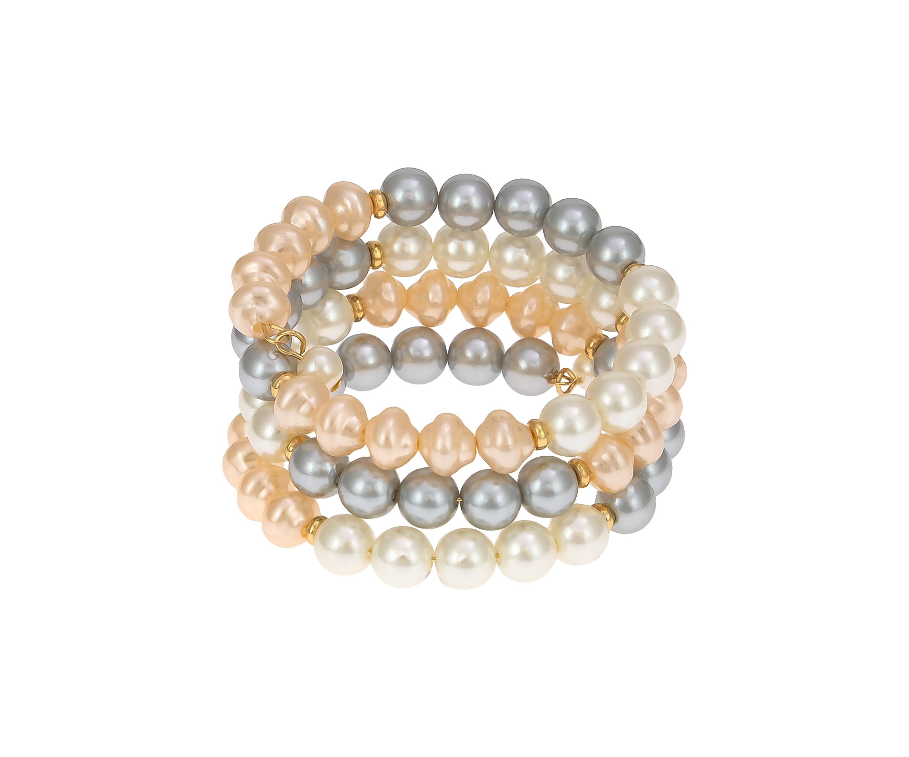Gold Tone 3 Row Color Block White, Pink and Gray Pearl Wrap Coil Bracelet