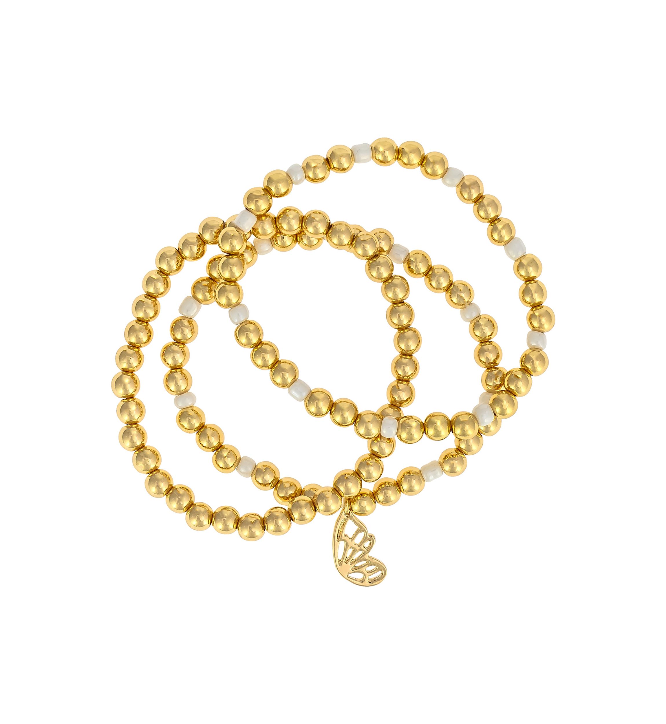 Gold Tone Beaded Butterfly Charm Bracelet - Set of 3