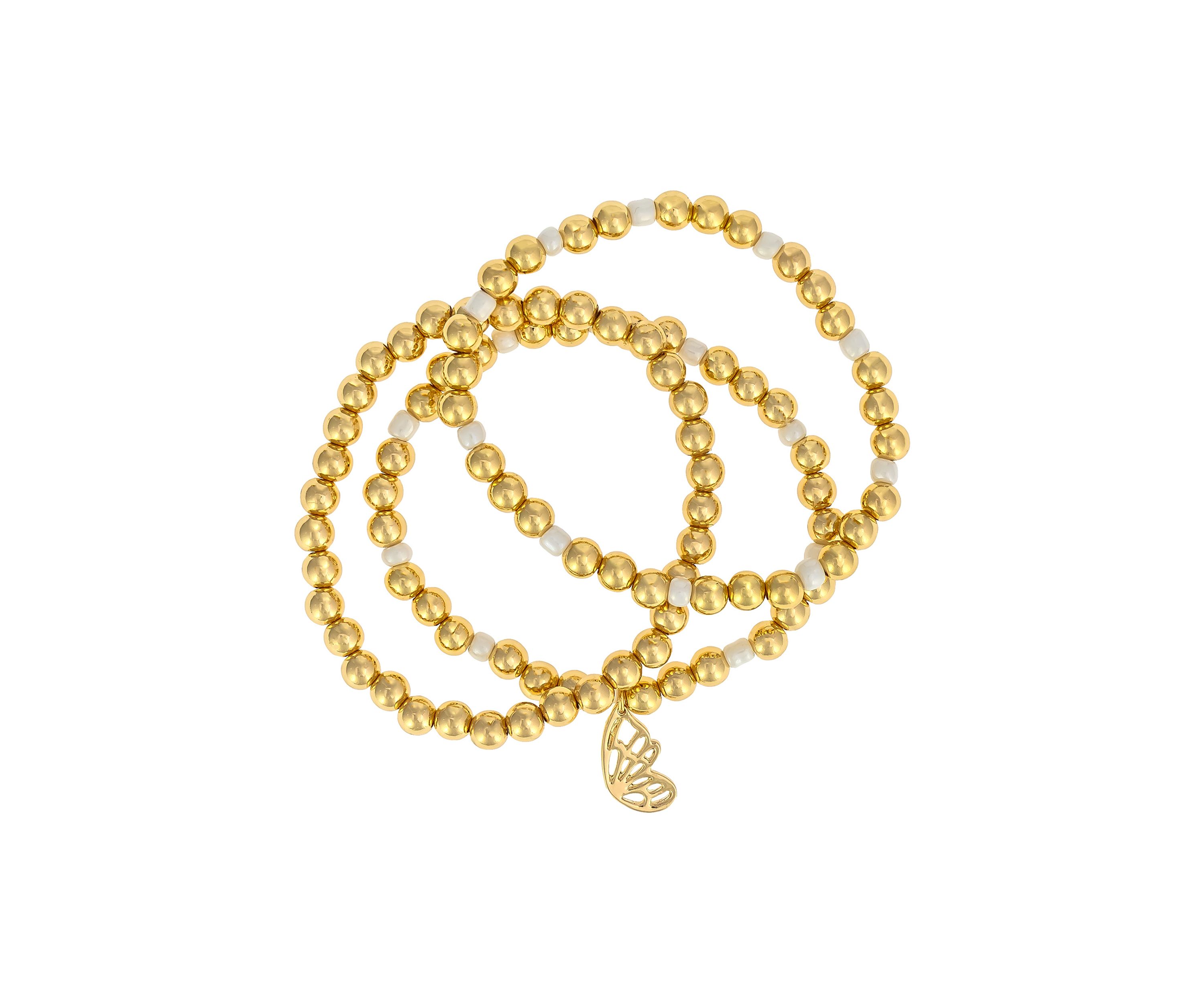 Gold Tone Beaded Butterfly Charm Bracelet - Set of 3