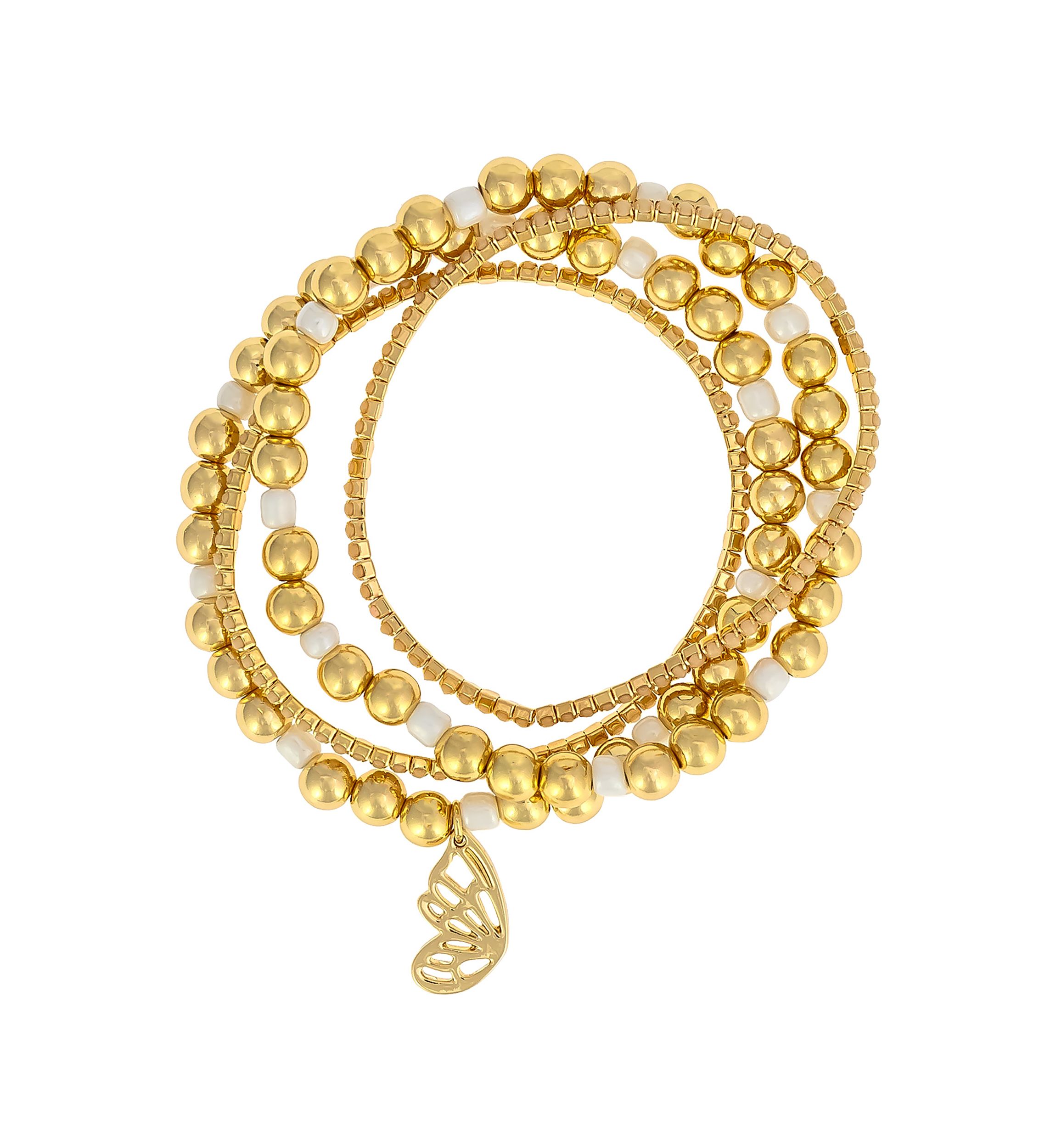 Gold Tone Beaded Stone Butterfly Charm Bracelet Set