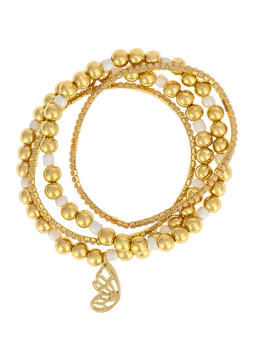 Gold Tone Beaded Stone Butterfly Charm Bracelet Set