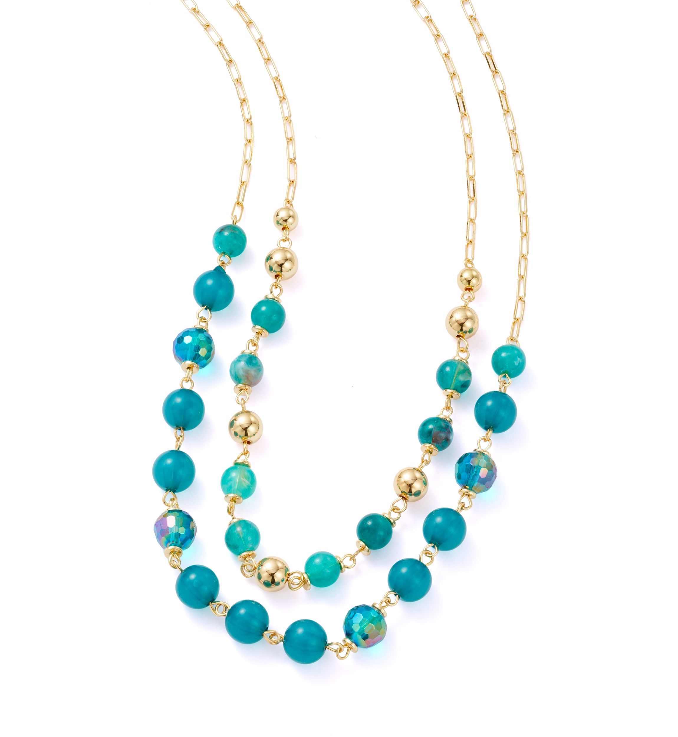 Womens Gold Tone Teal 2 Row Beaded Necklace