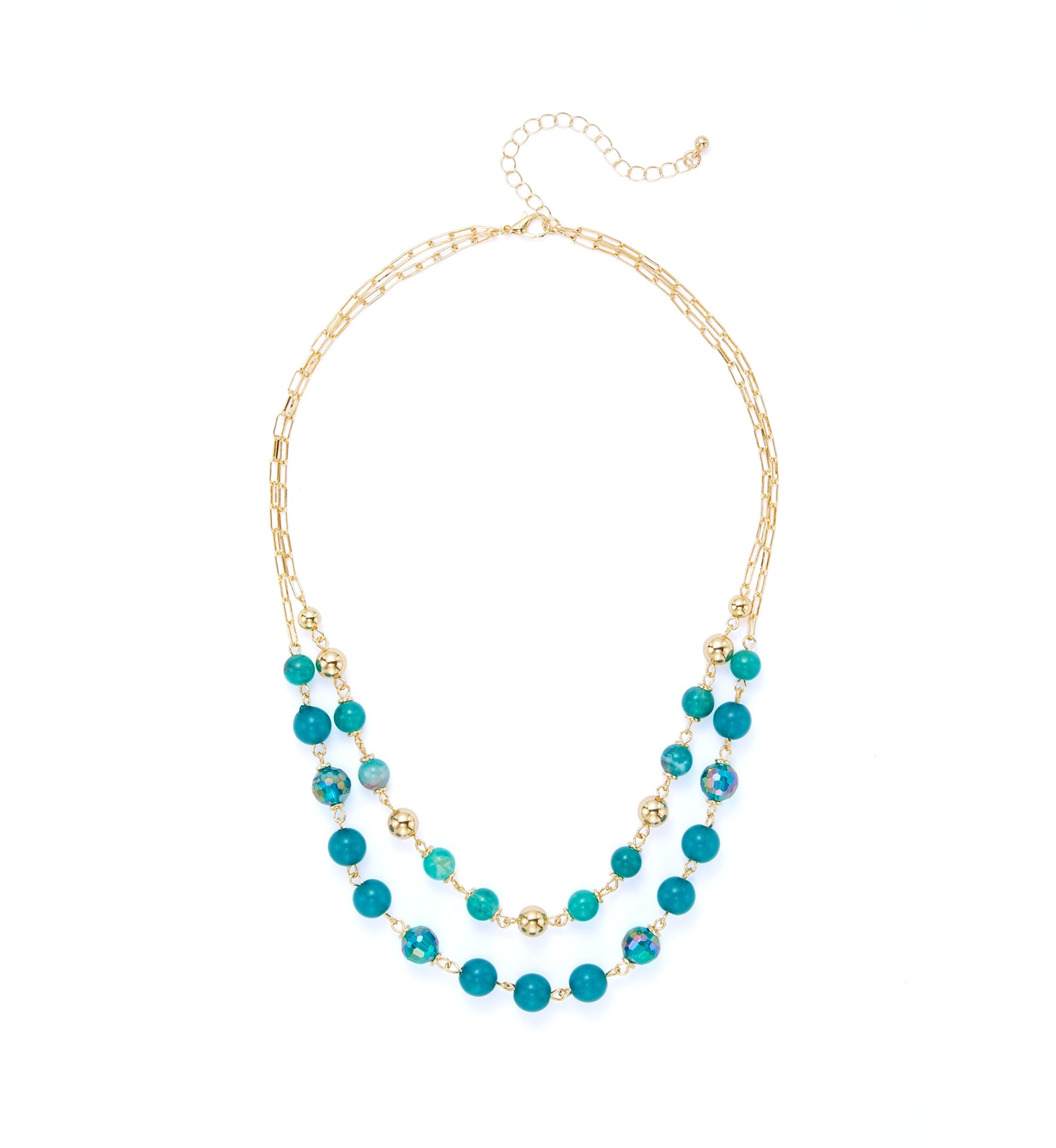 Womens Gold Tone Teal 2 Row Beaded Necklace