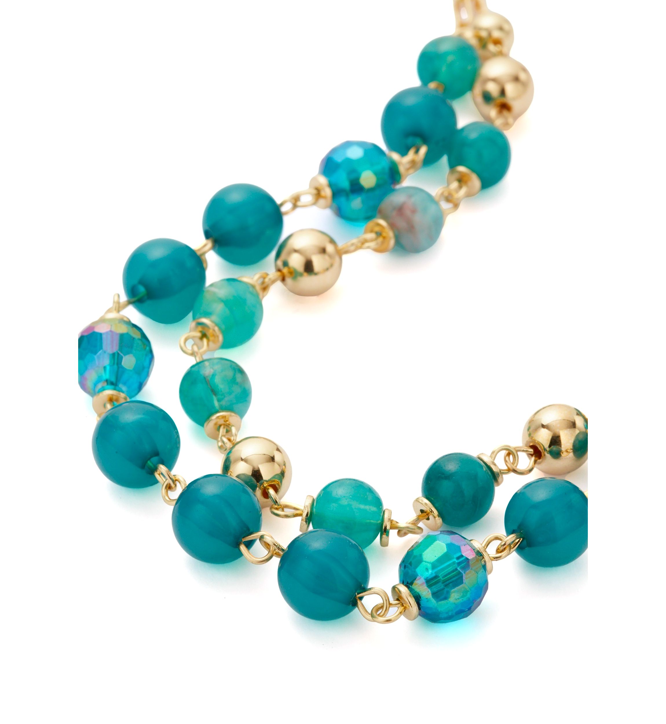 Womens Gold Tone Teal 2 Row Beaded Necklace
