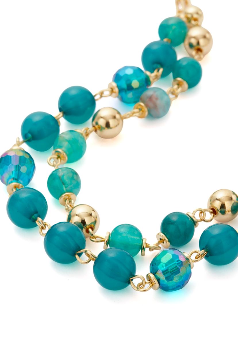 Womens Gold Tone Teal 2 Row Beaded Necklace