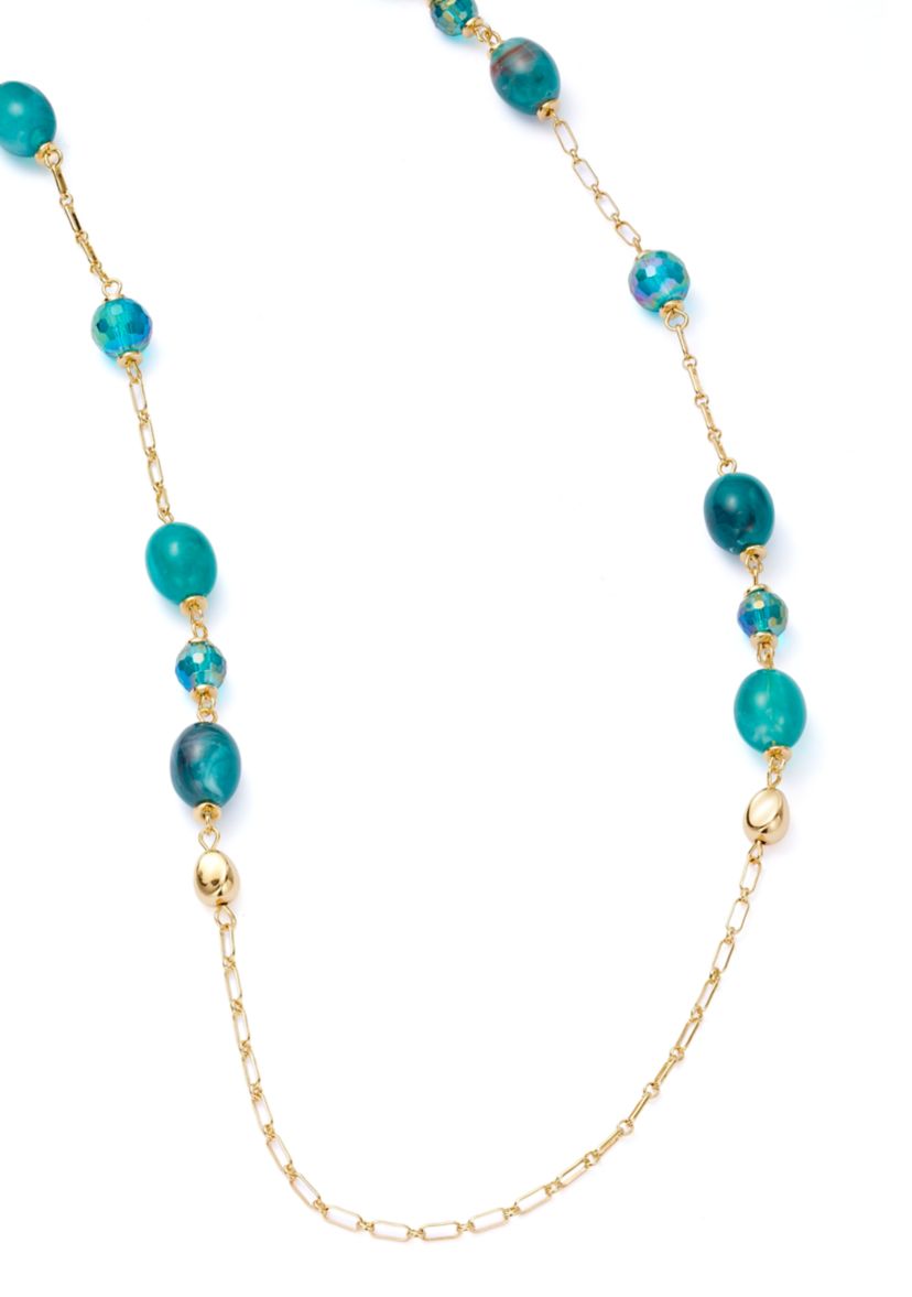 Womens Gold Tone Teal Long Bead Necklace