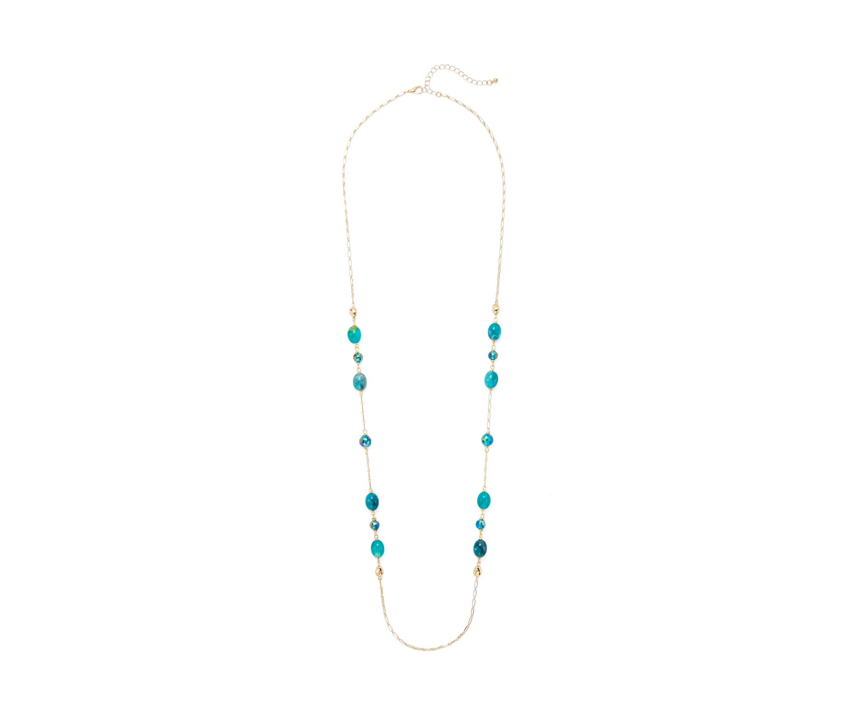 Womens Gold Tone Teal Long Bead Necklace
