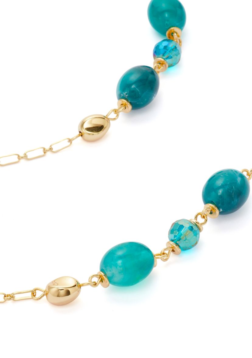 Womens Gold Tone Teal Long Bead Necklace