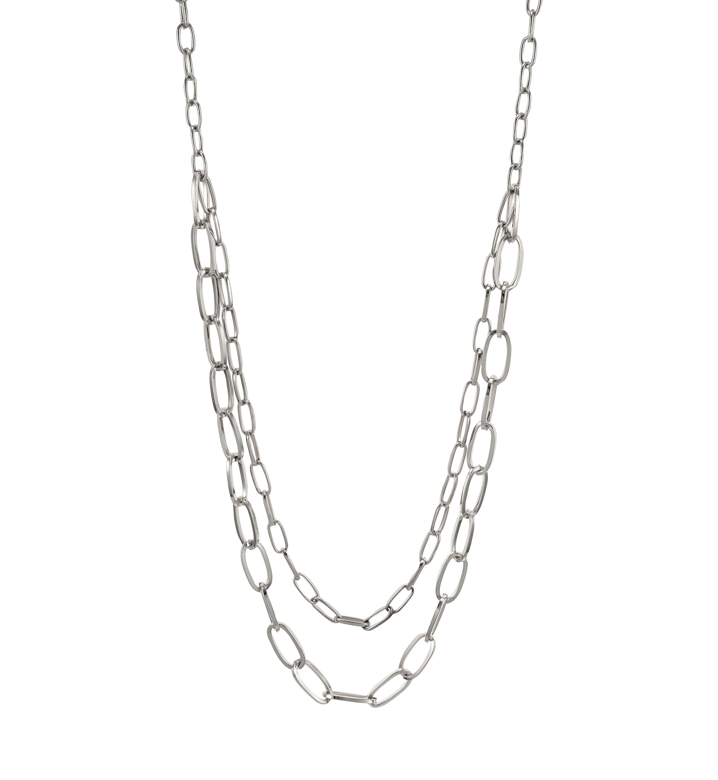 Silver Tone Double Row Long Open  Link Chain Necklace