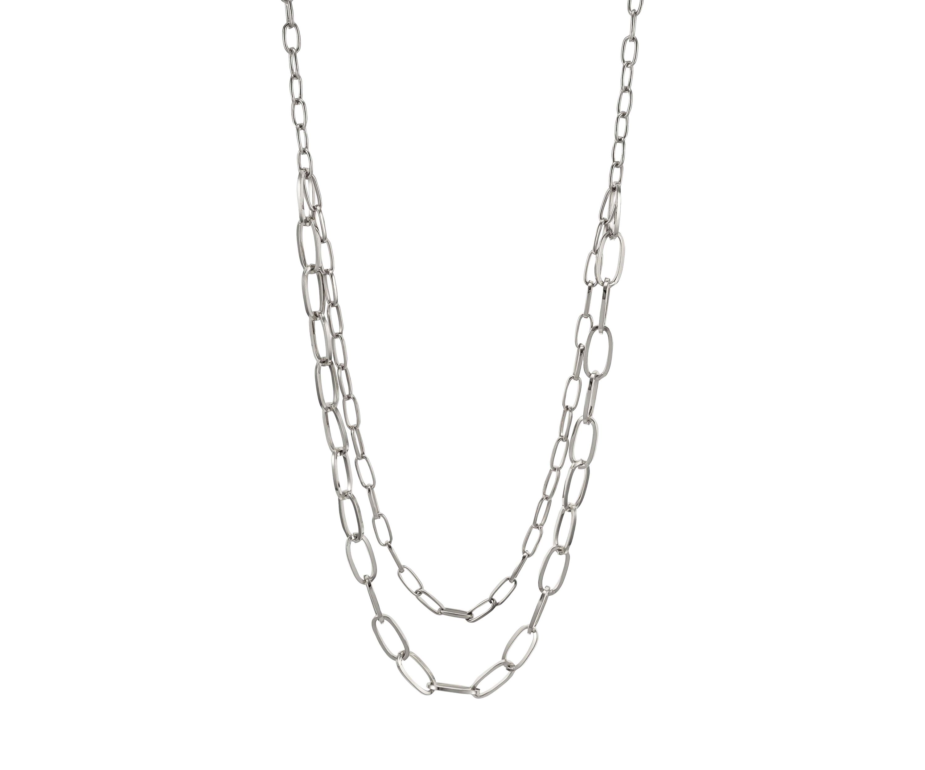 Silver Tone Double Row Long Open  Link Chain Necklace