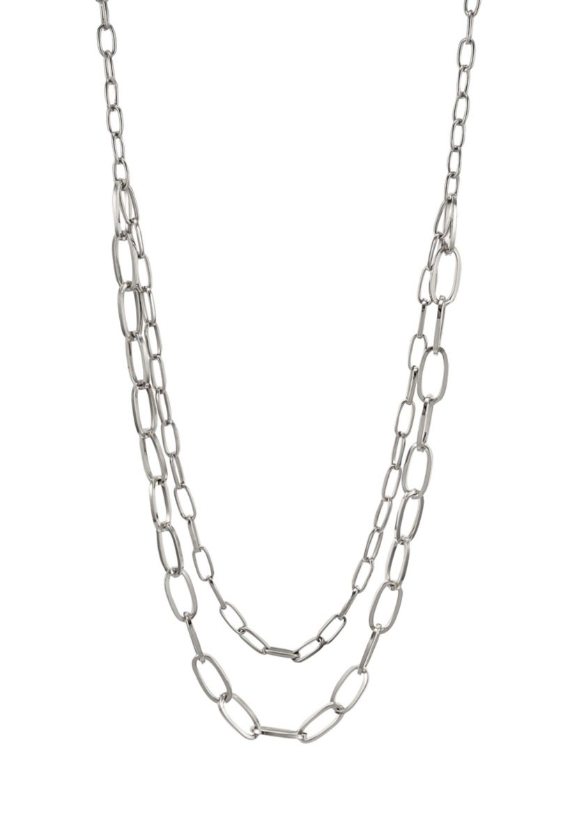 Silver Tone Double Row Long Open  Link Chain Necklace