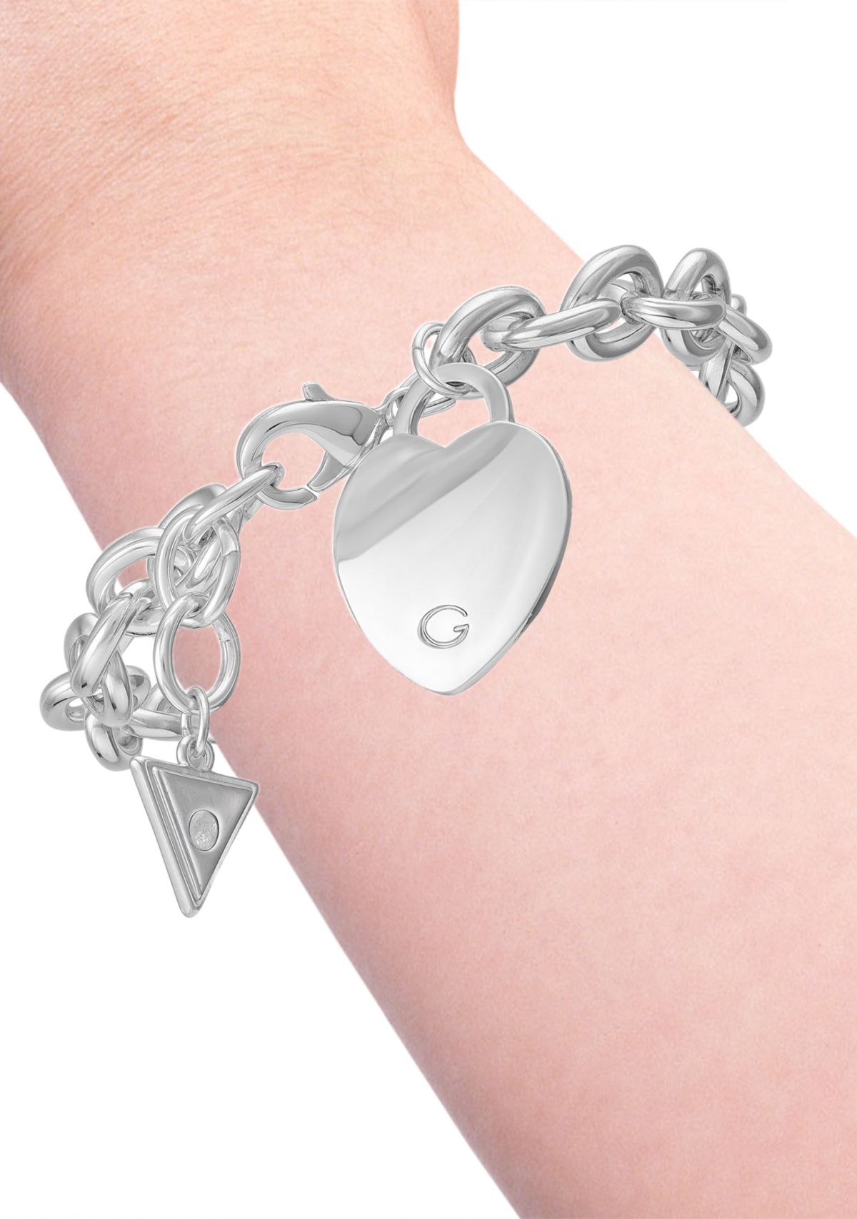Silver Tone Polished Heart Charm Bracelet