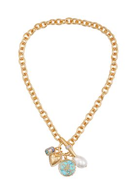 GUESS Gold Tone Charm Drop Necklace