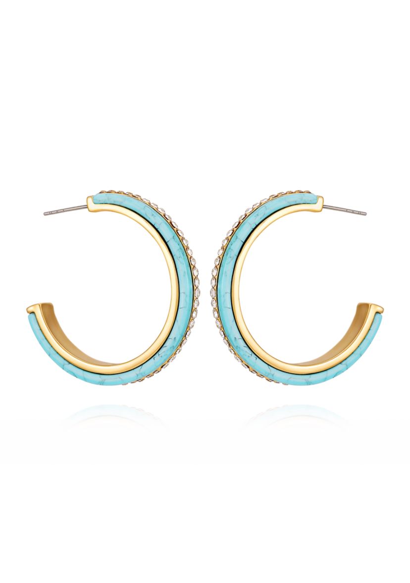 Gold Tone Blue C Hoop Earrings