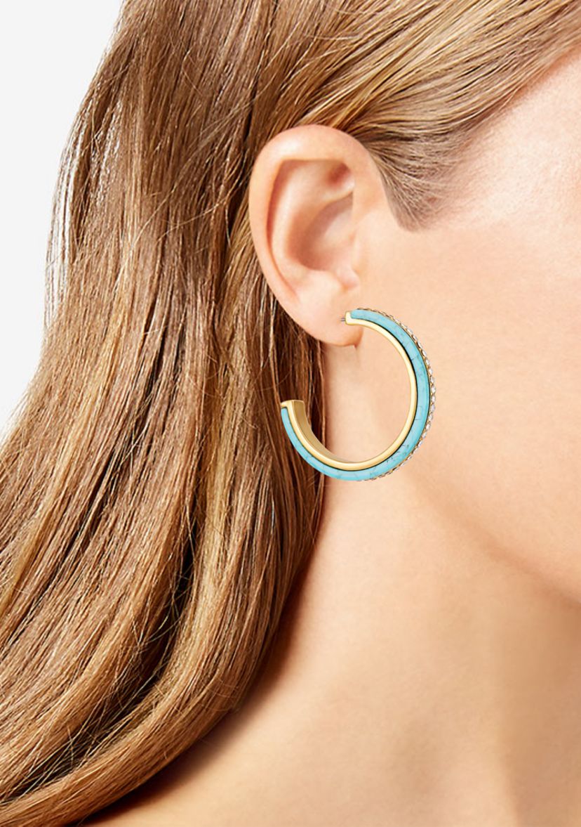 Gold Tone Blue C Hoop Earrings