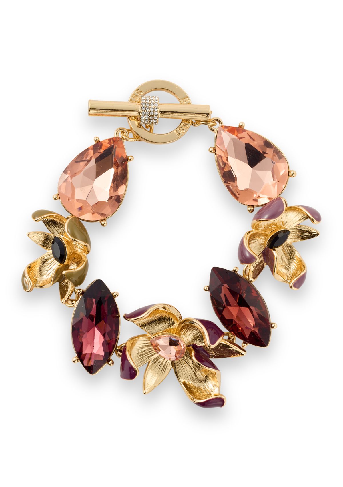Gold Tone Pink Flower Stone Toggle Bracelet