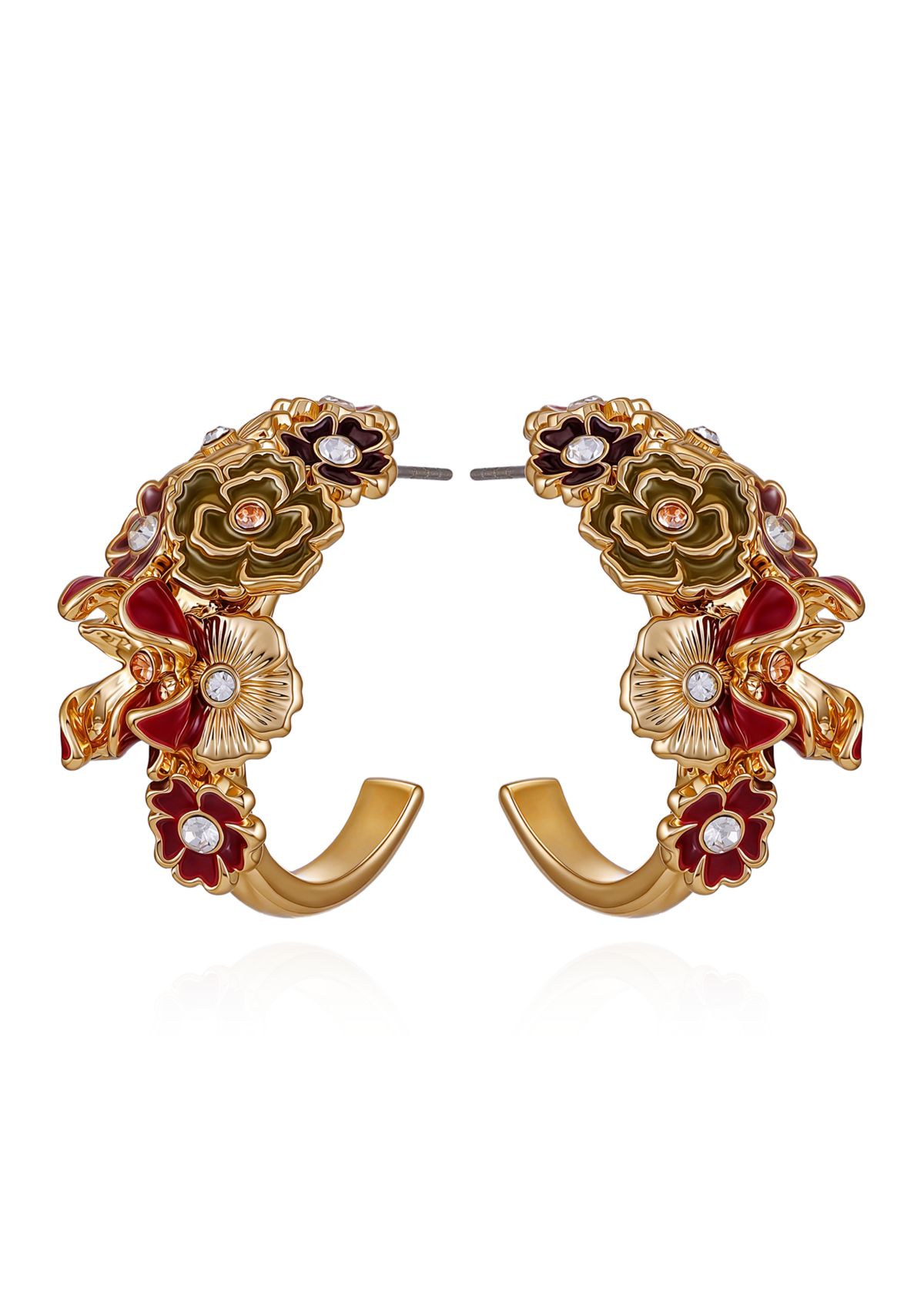 Gold-Tone Floral Enamel & Crystal Half-Hoop Earrings