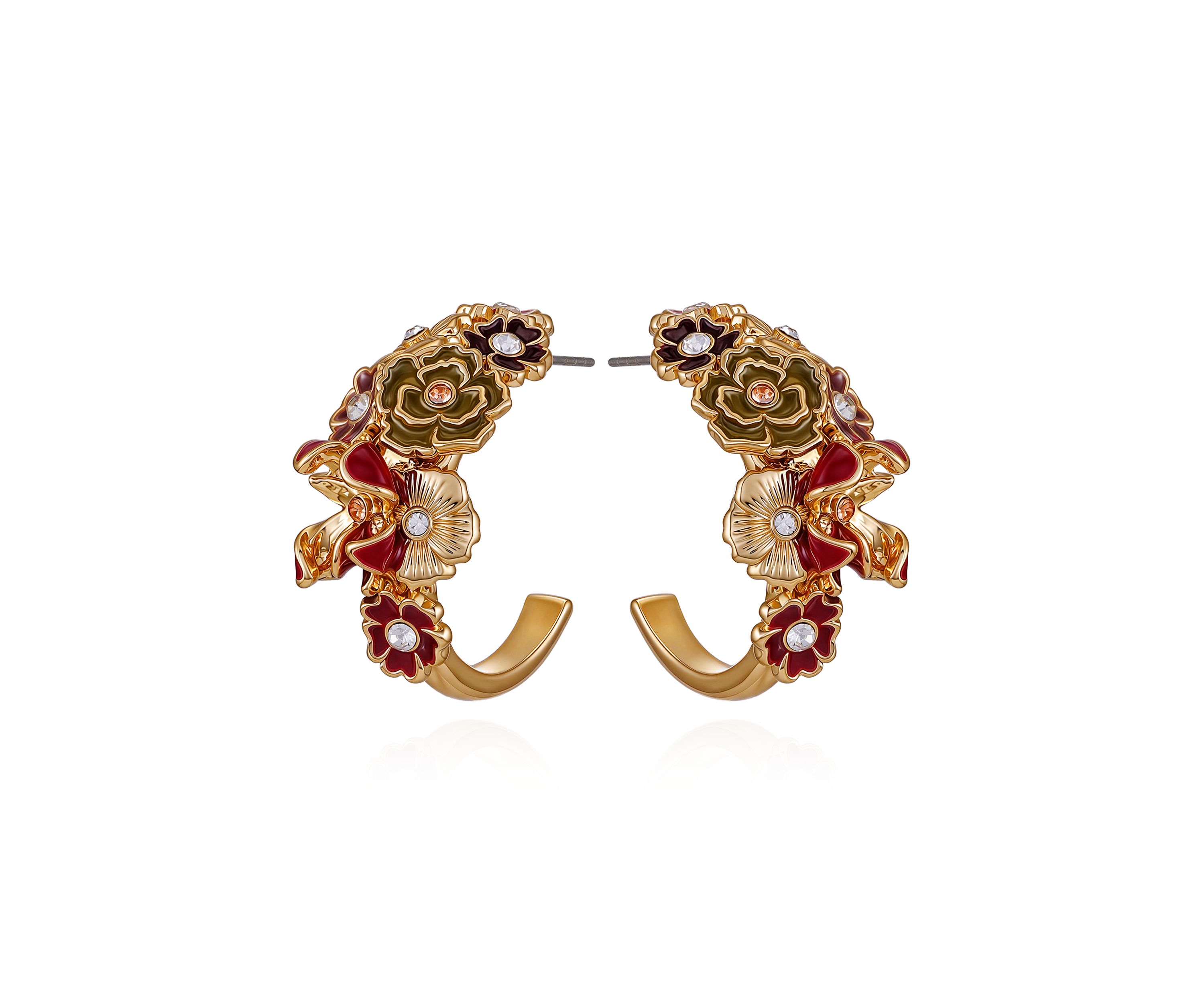 Gold-Tone Floral Enamel & Crystal Half-Hoop Earrings
