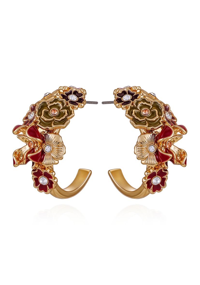 Gold-Tone Floral Enamel & Crystal Half-Hoop Earrings