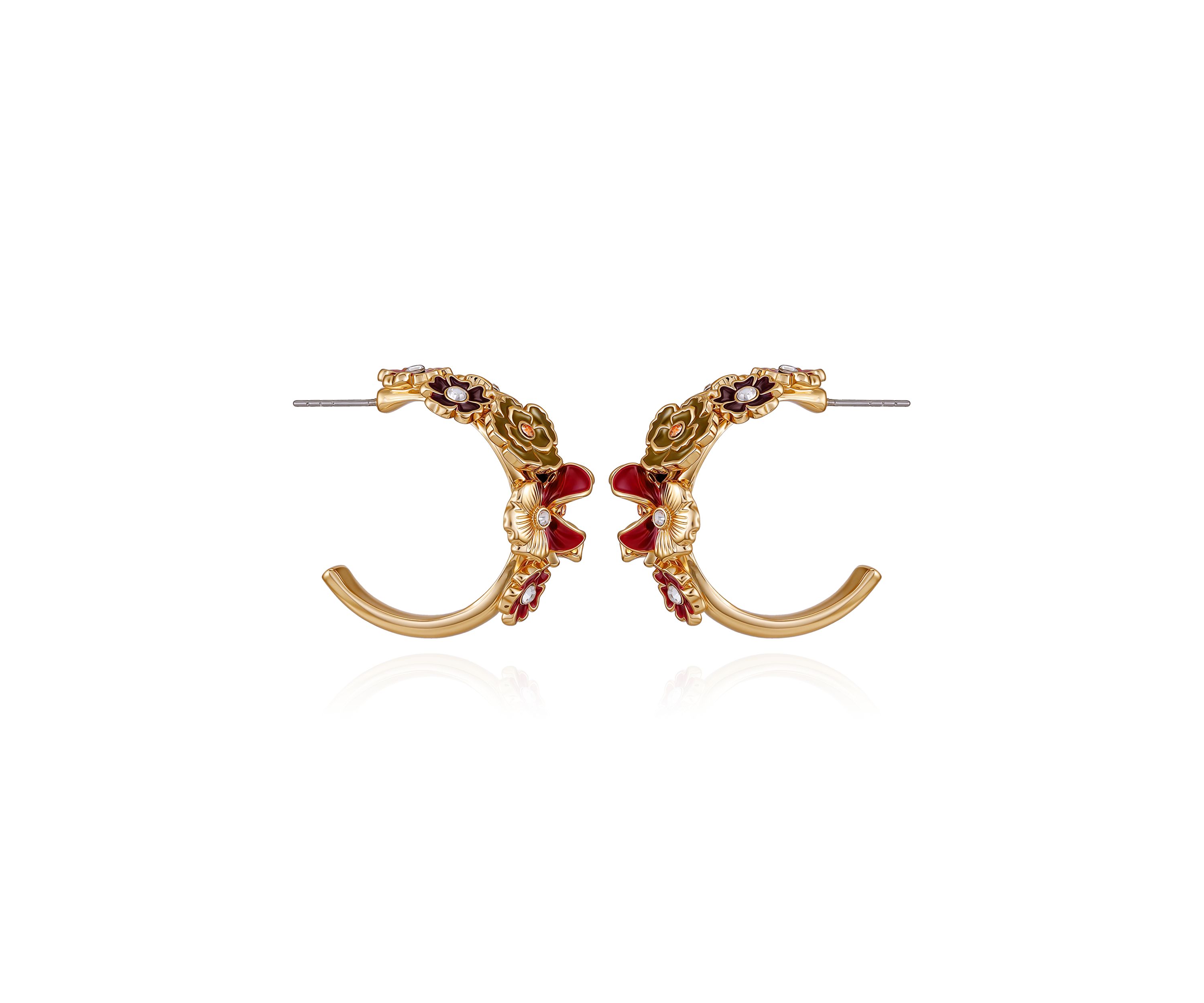 Gold-Tone Floral Enamel & Crystal Half-Hoop Earrings