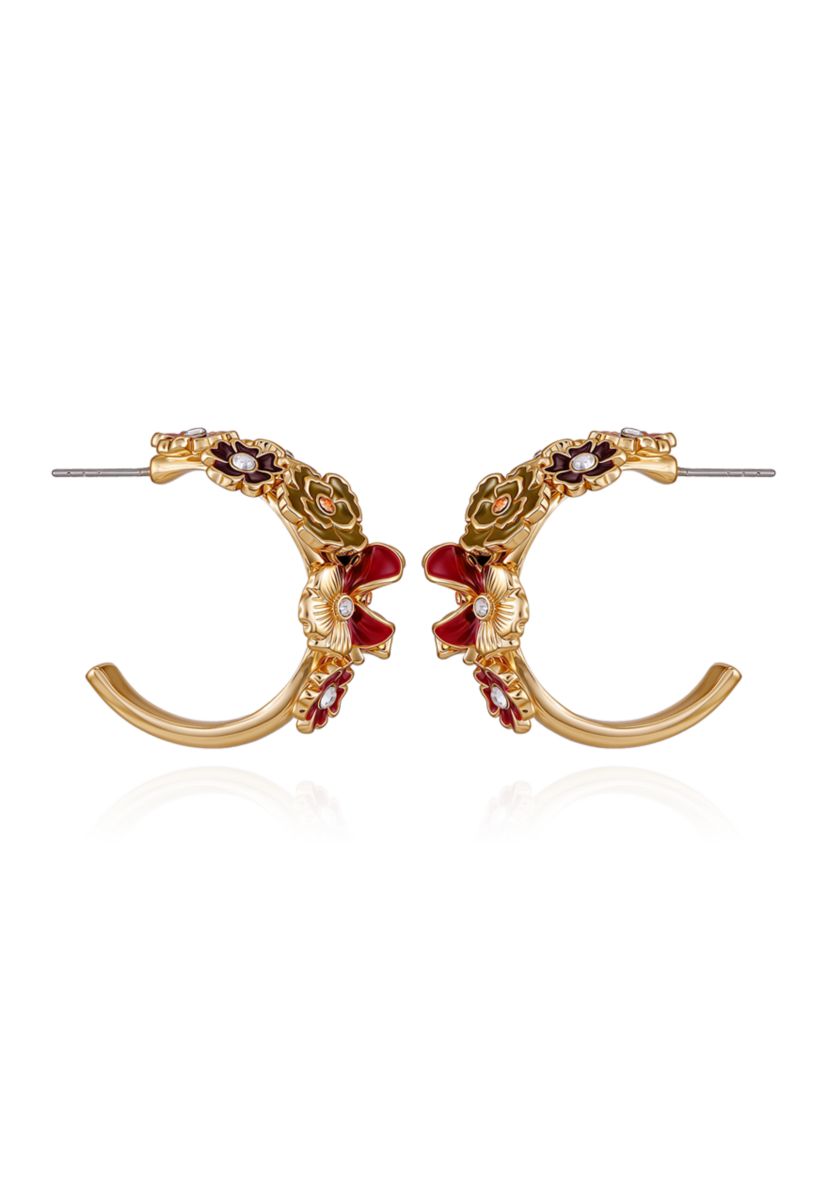 Gold-Tone Floral Enamel & Crystal Half-Hoop Earrings