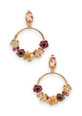 GUESS Gold Tone Pink Flower Drop Clip On Earrings