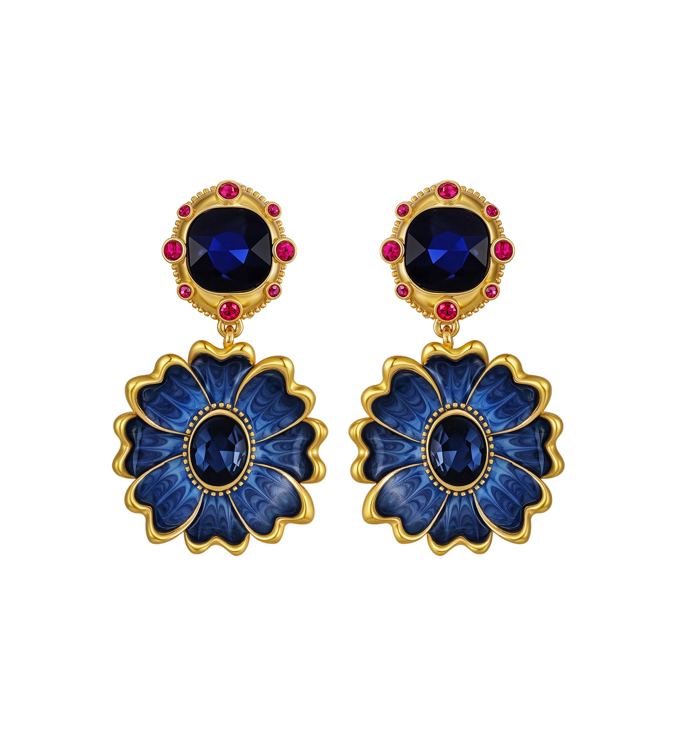 Blue Stone Flower Clip On Earrings