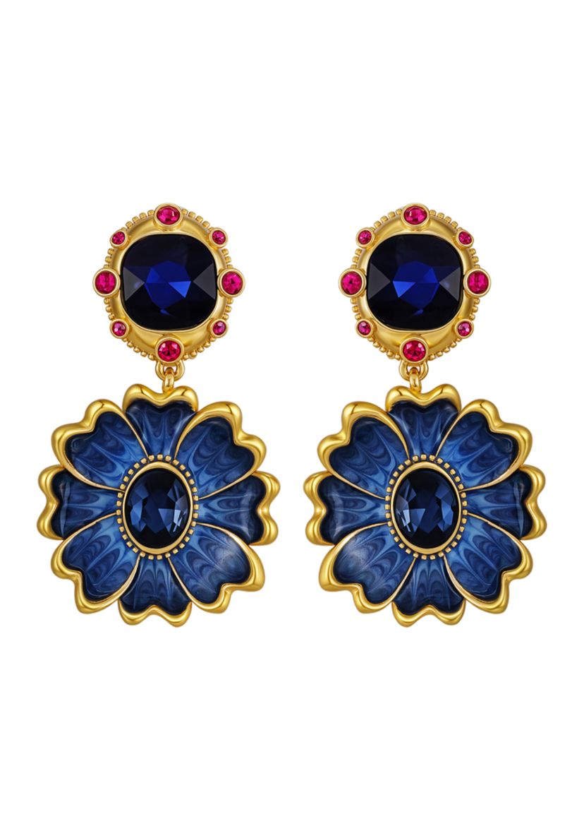 Blue Stone Flower Clip On Earrings