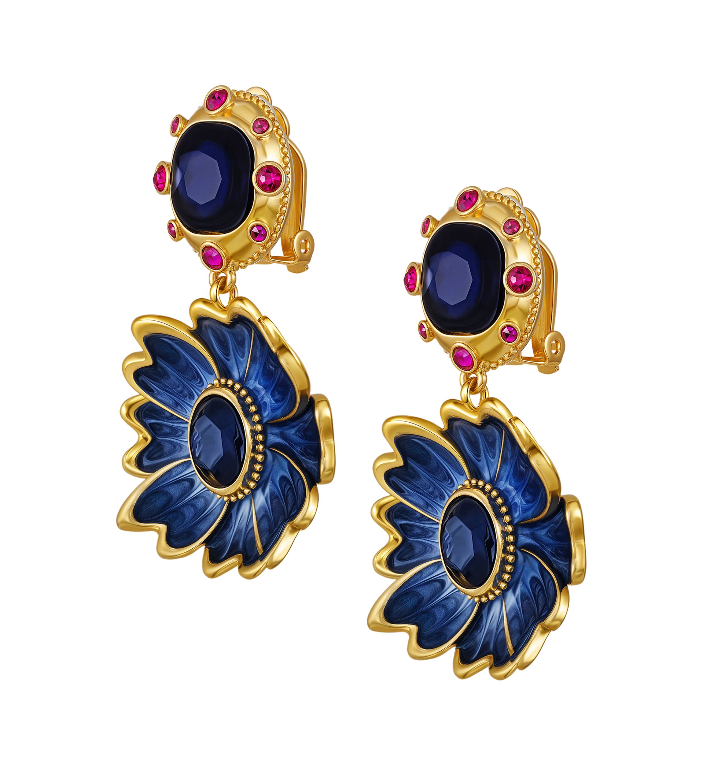 Blue Stone Flower Clip On Earrings
