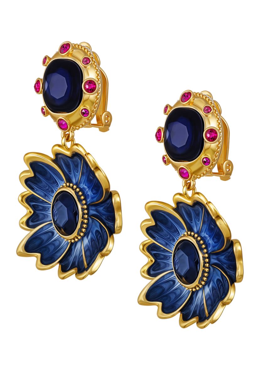 Blue Stone Flower Clip On Earrings