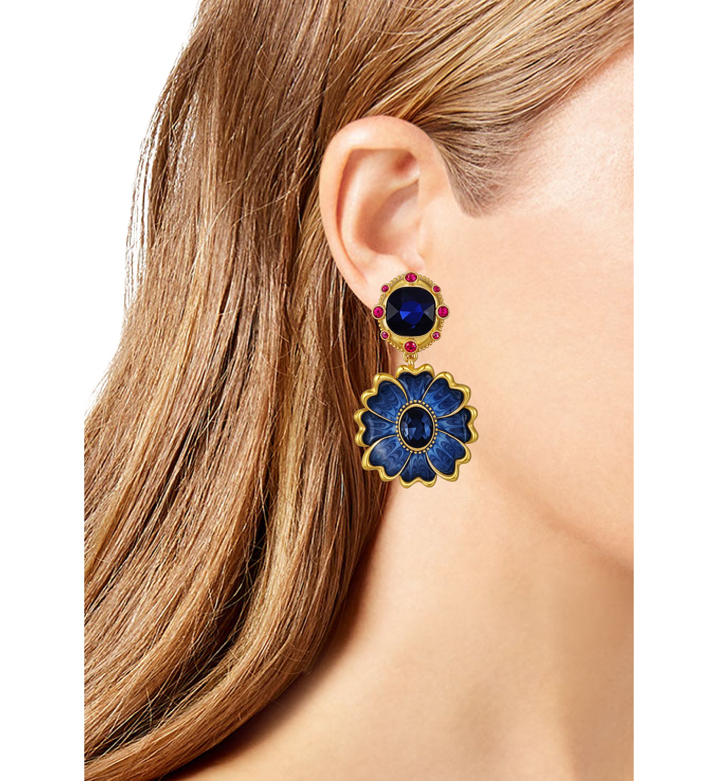 Blue Stone Flower Clip On Earrings