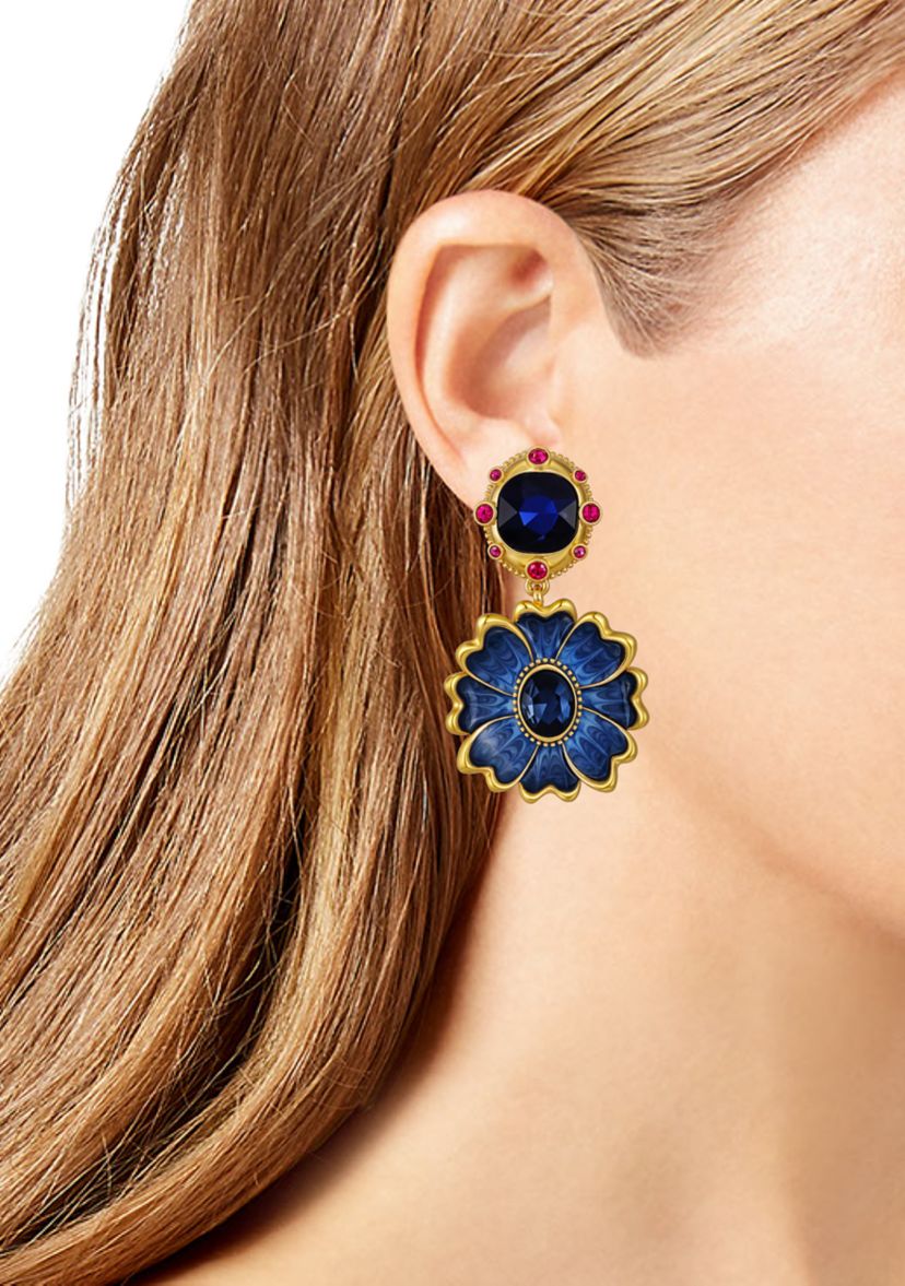 Blue Stone Flower Clip On Earrings