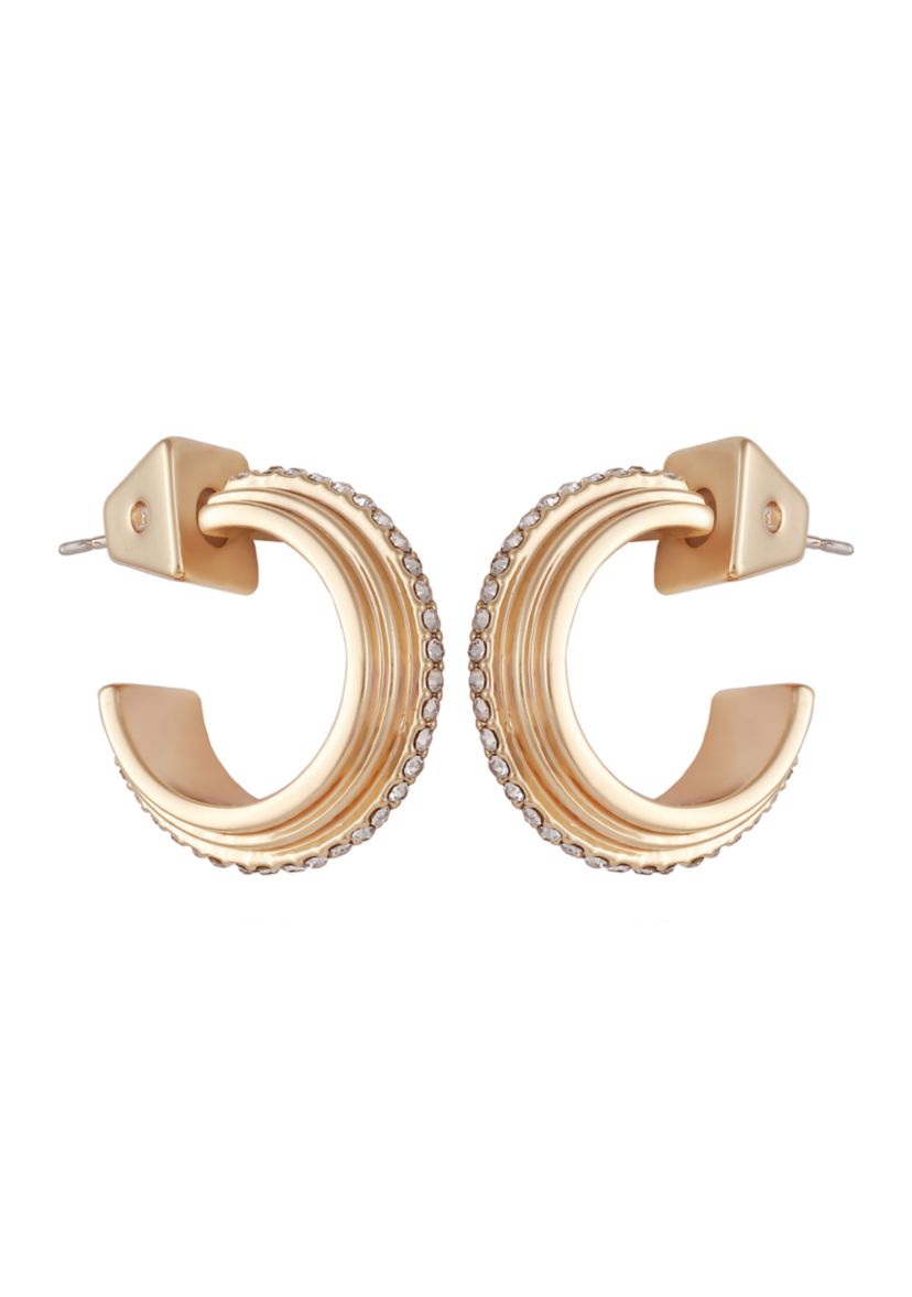 Gold Tone Crystal Deco Hoop Earrings