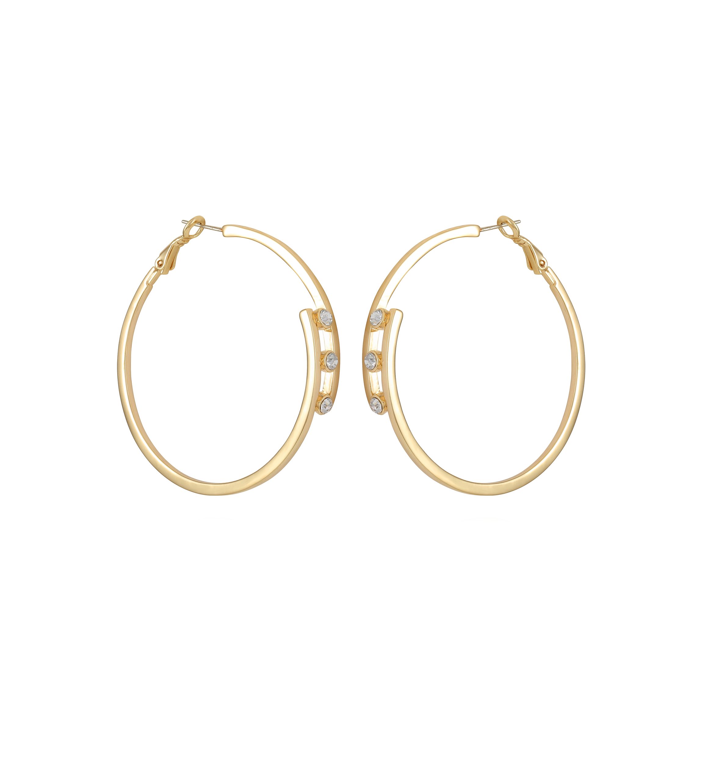 Gold Tone 3 Stone Clutchless Hoop Earrings