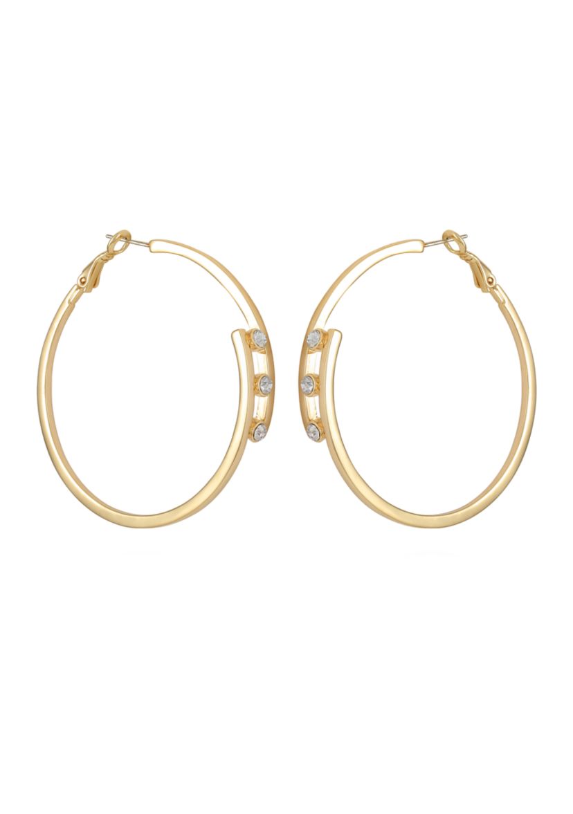 Gold Tone 3 Stone Clutchless Hoop Earrings