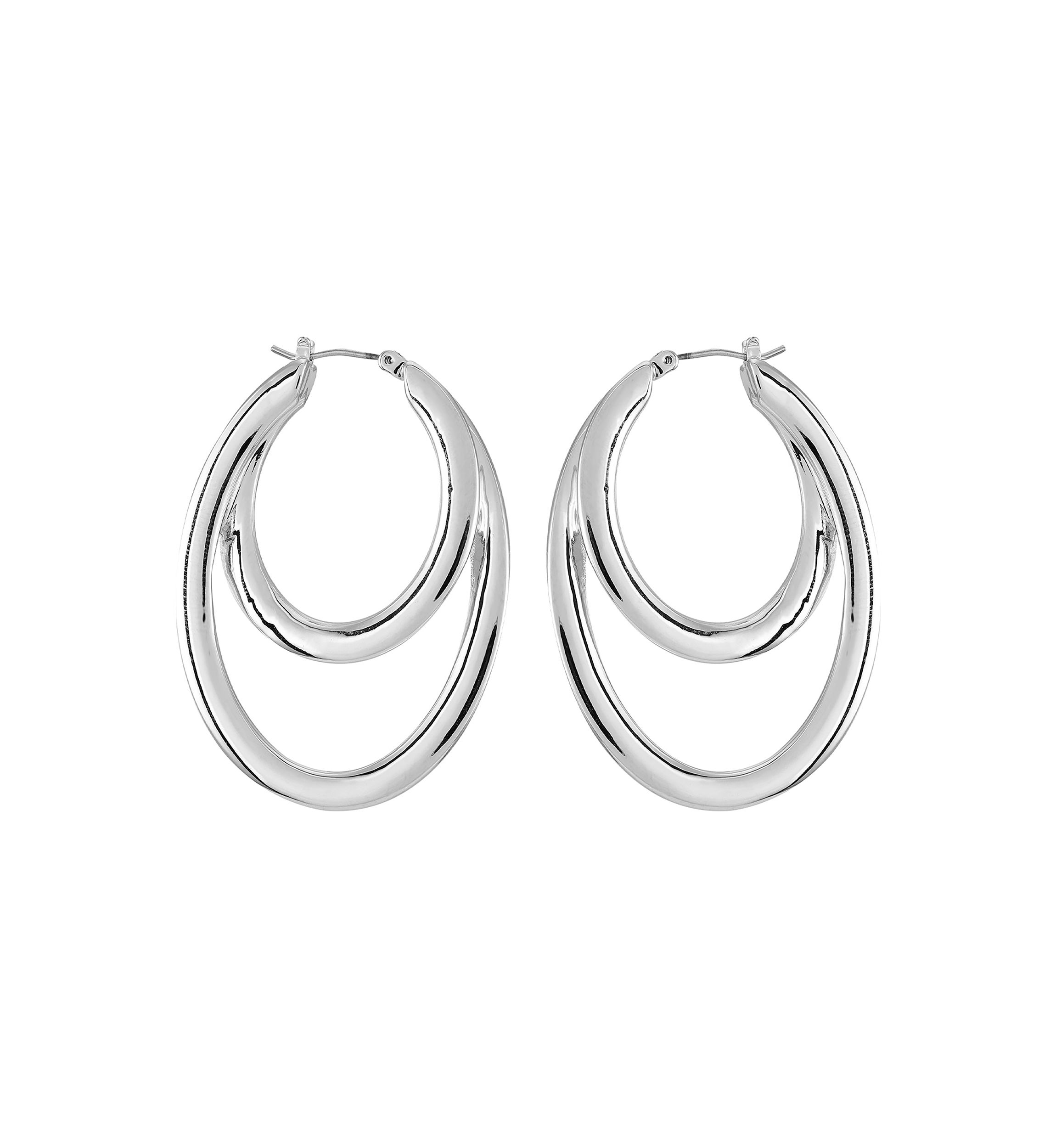 Silver Tone Double Hoop Drop Earrings