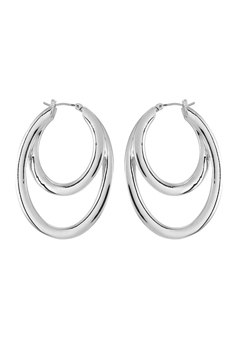 Silver Tone Double Hoop Drop Earrings